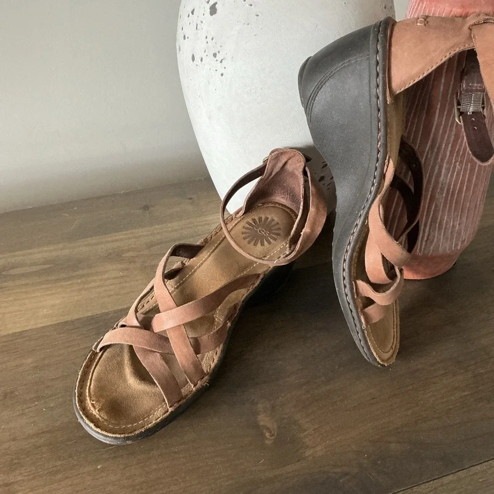 UGG Australia‎ Lalima Brown Leather Strappy Wedge Sandals Buckle Comfort 8